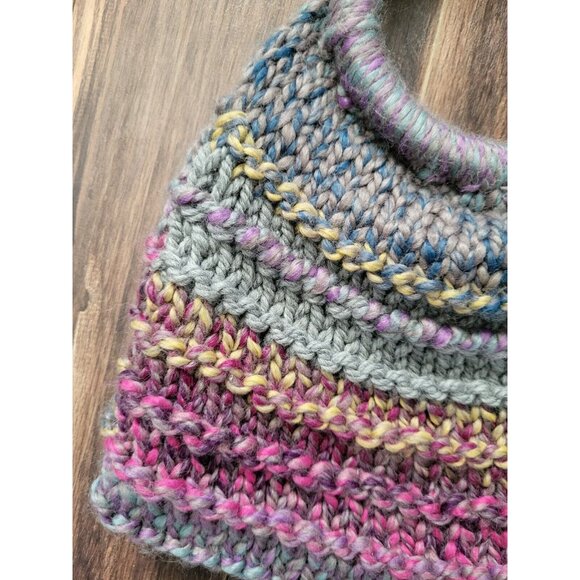 Handknit Purple Blue 13x10 Lined Wood Circle Handle Purse Boho Cottagecore - Picture 2 of 9